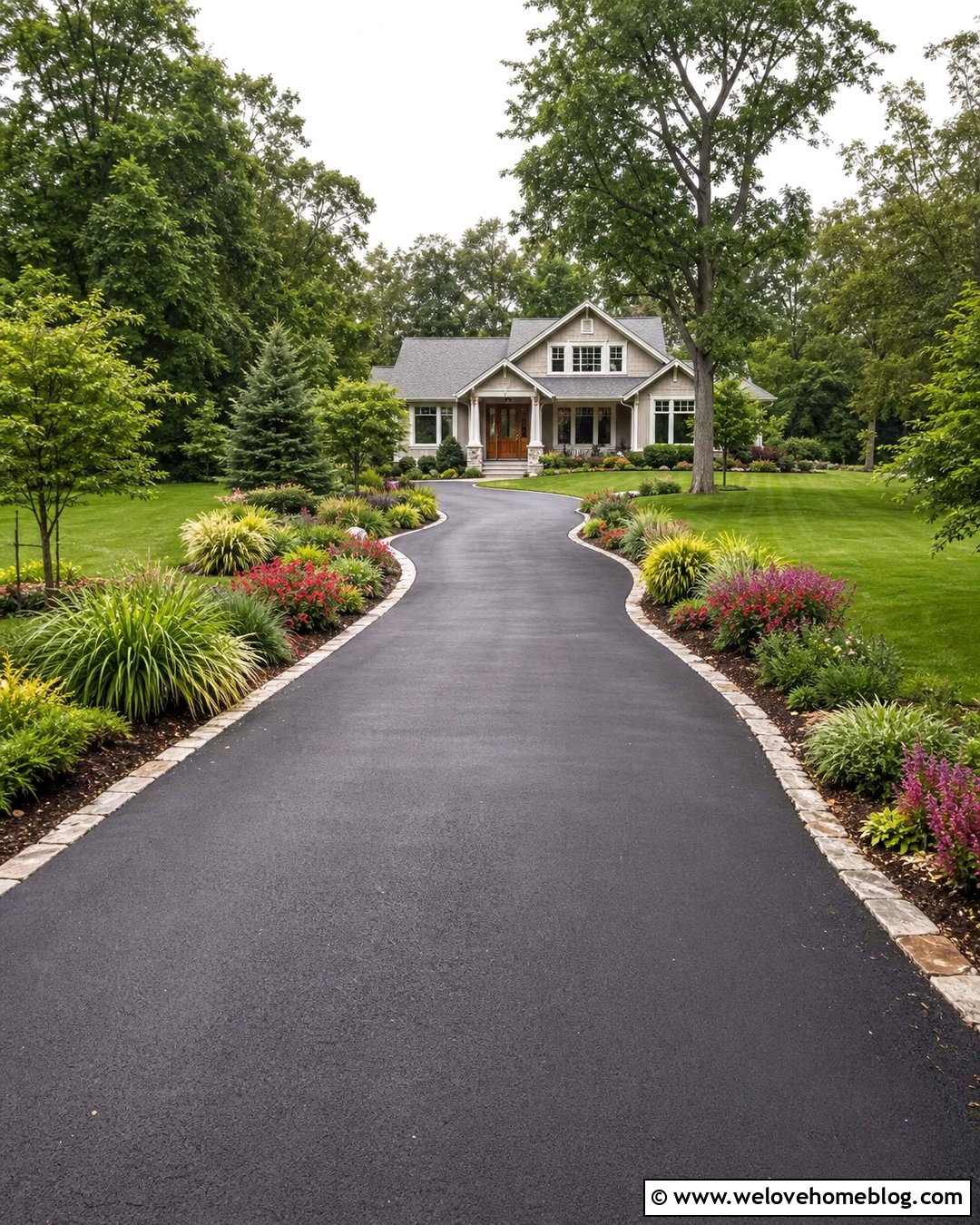 Long Asphalt Driveway With Curved Flower Beds - 40 Long Driveway Landscaping Ideas