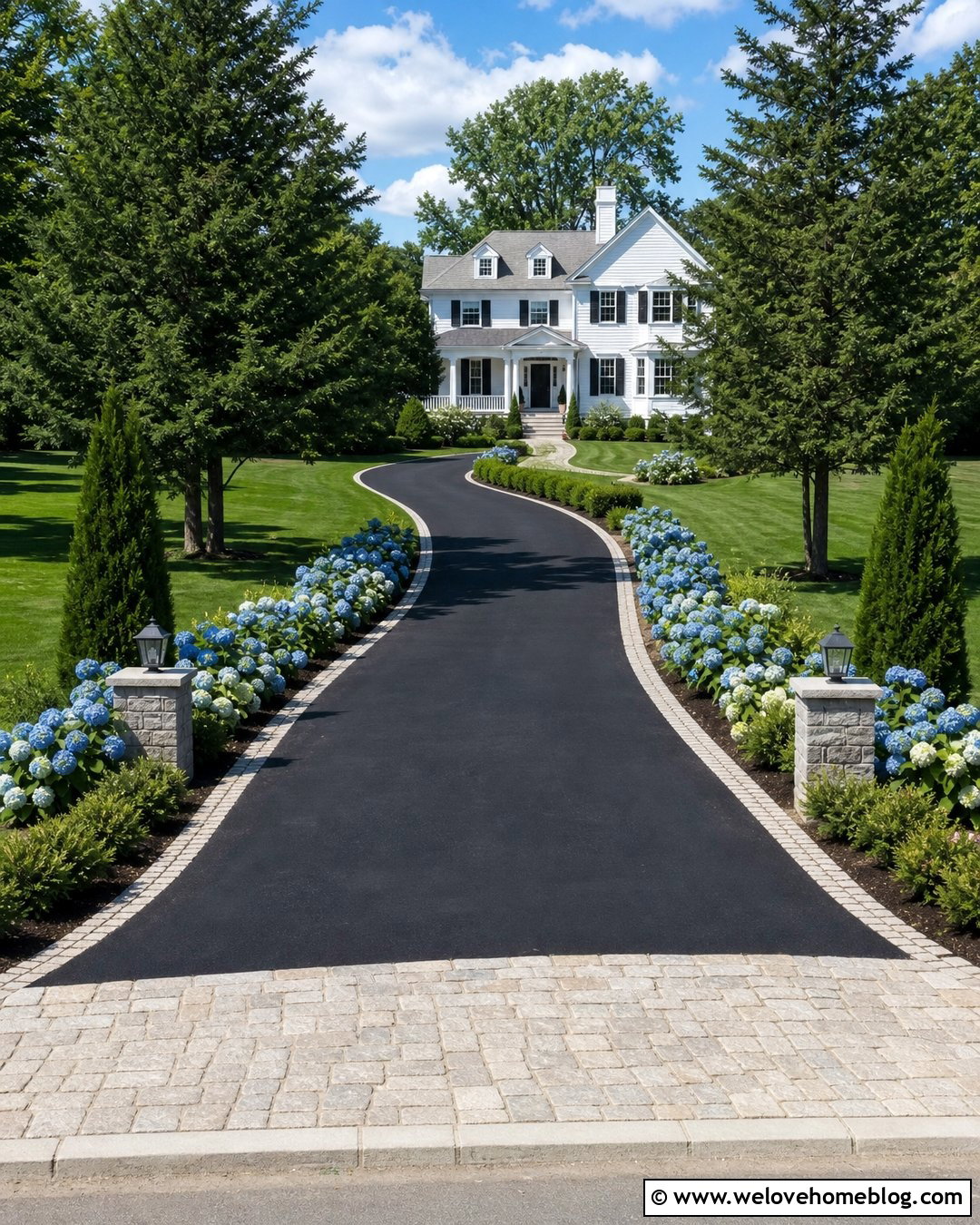 Long Asphalt Driveway With Hydrangea Borders - 25 Long Driveway To A Big White House Ideas