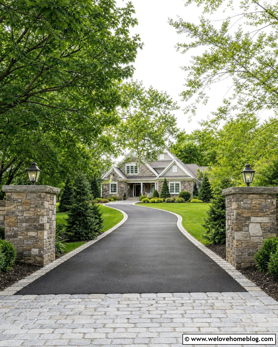 Long Asphalt Driveway With Stone Entrance Pillars - 45 long driveway ideas