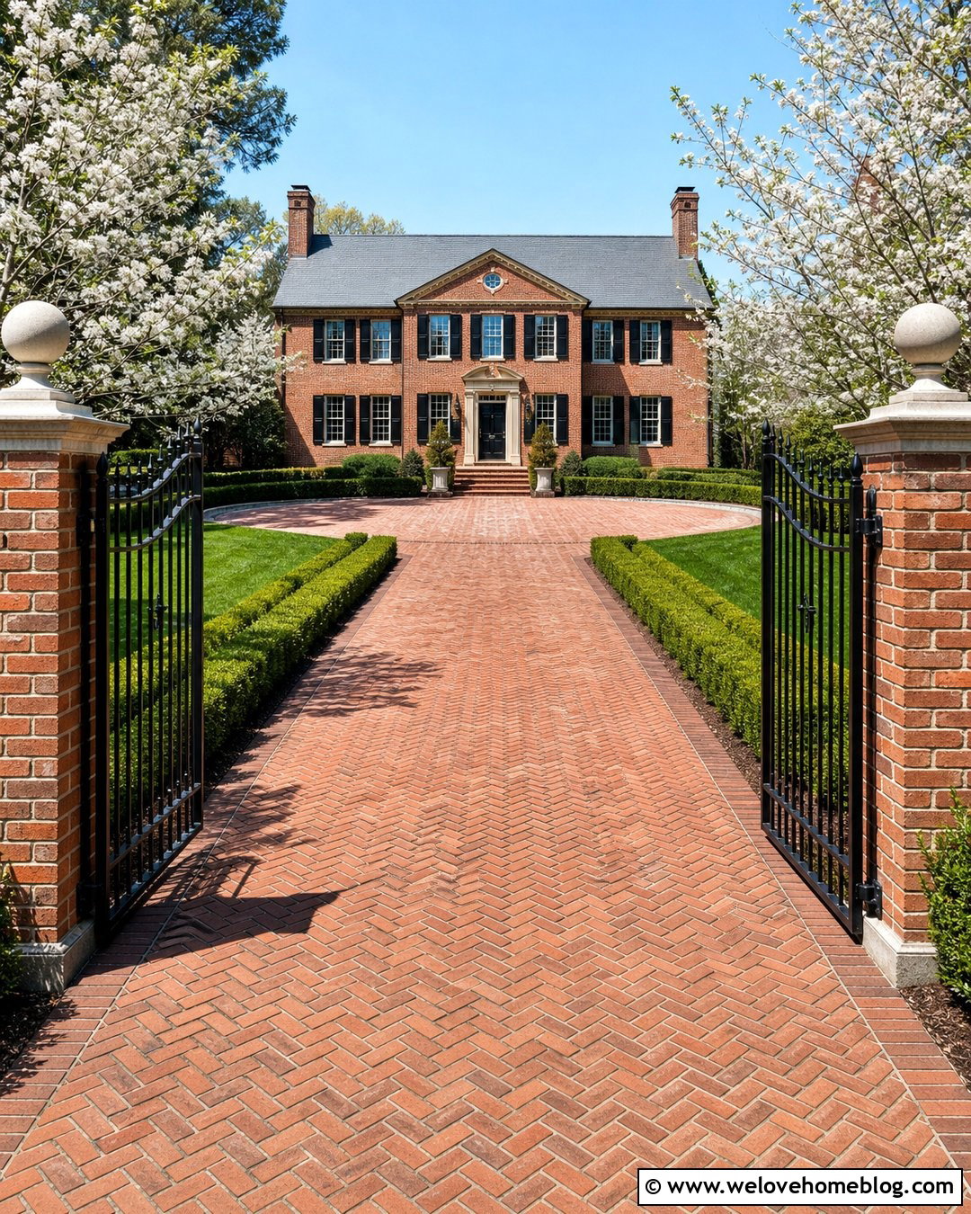 Long Brick Driveway With Boxwood Borders
