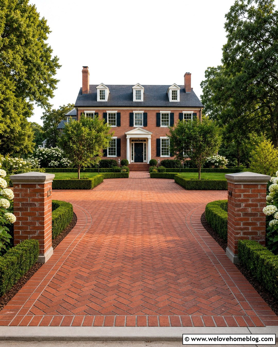Long Brick Driveway With Boxwood Hedges - 20 landscape long driveway ideas