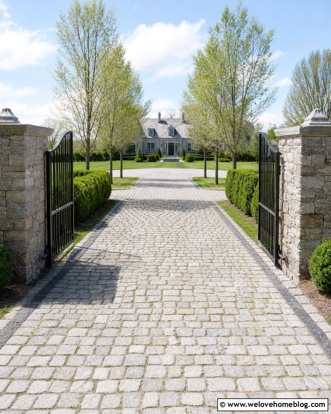 Long Cobblestone Country Driveway With Formal Hedges
