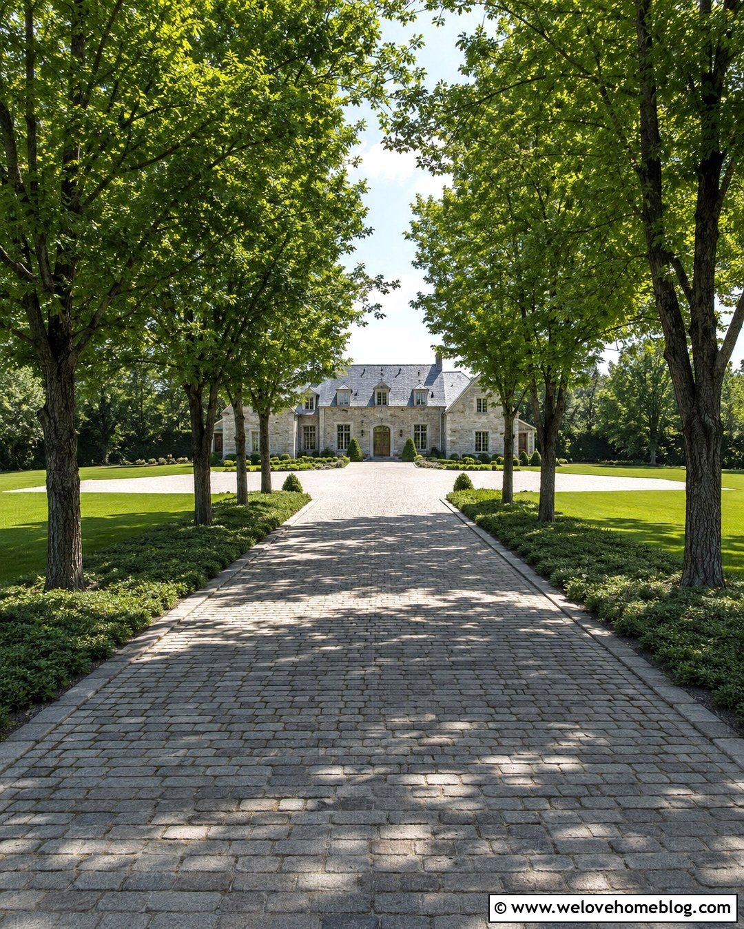 Long Cobblestone Driveway With Tree Allee - 20 big front yard landscaping driveways ideas