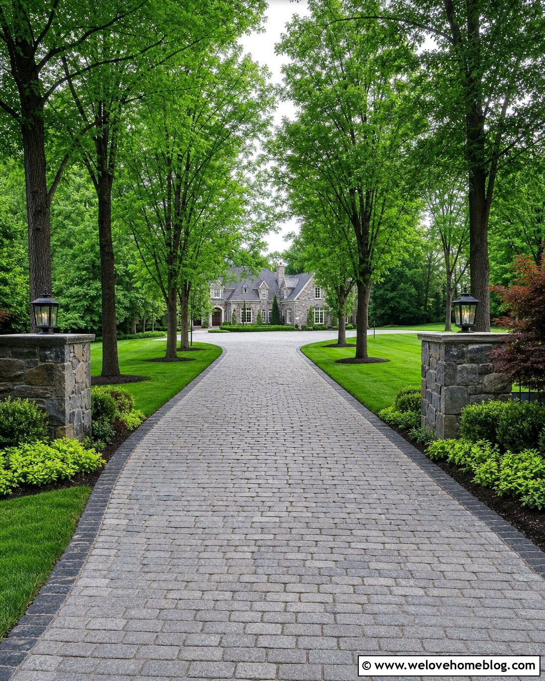 Long Cobblestone Driveway With Tree Lined Entrance - 40 cobblestone driveway ideas