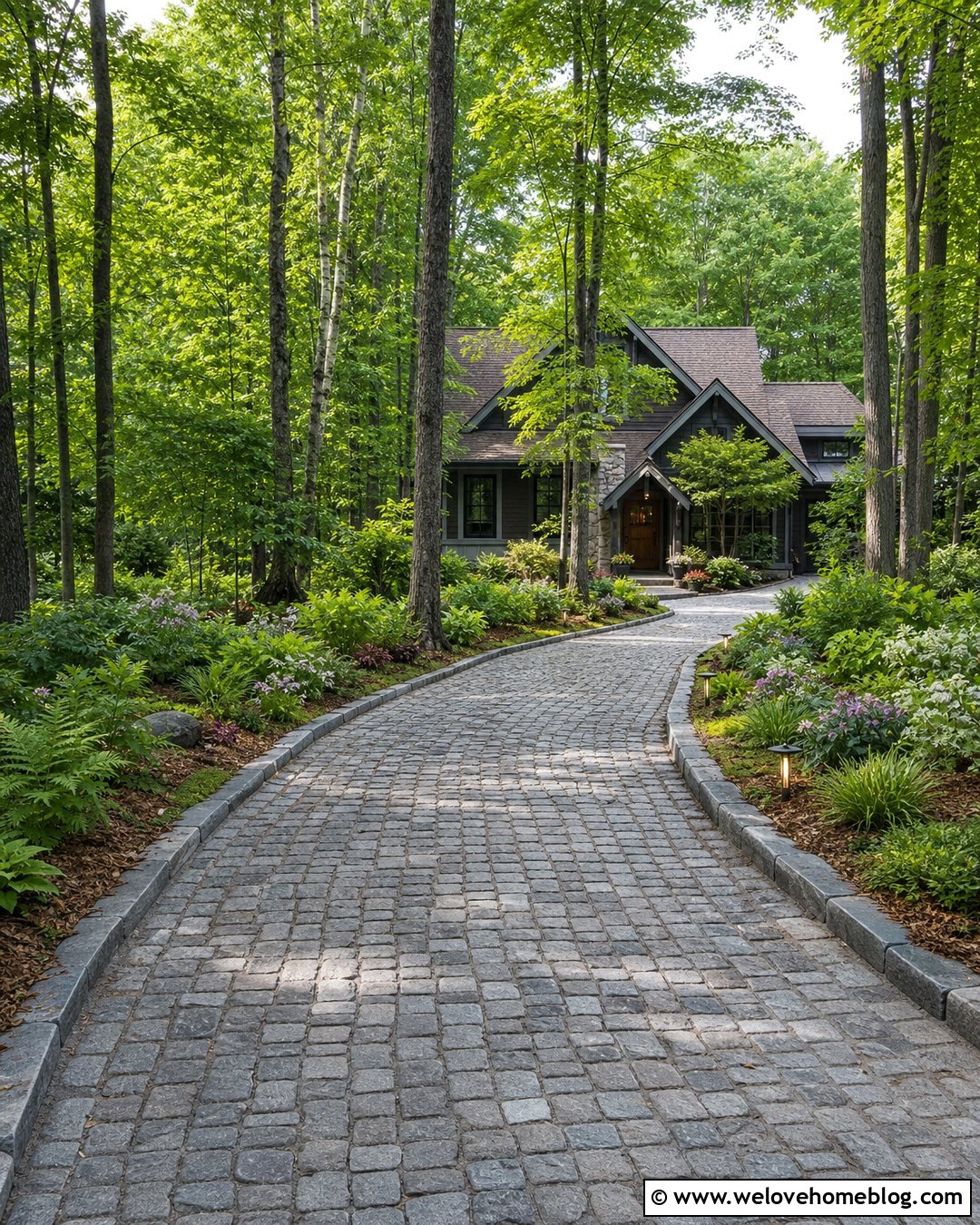 Long Cobblestone Driveway With Woodland Garden Beds - 20 Long Driveway Garden Ideas