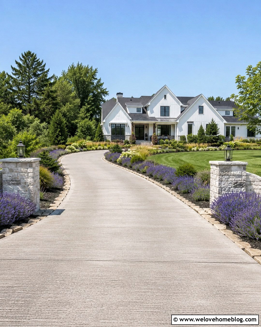 Long Concrete Driveway With Lavender Borders - 20 Long Concrete Driveway Ideas