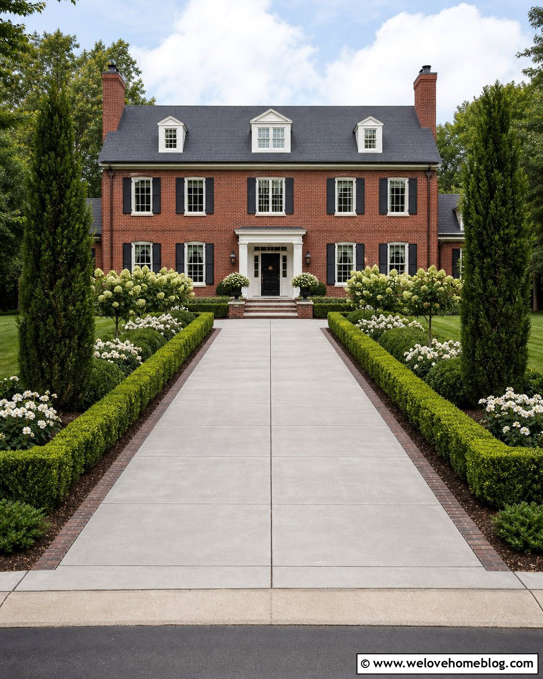 Long Concrete Driveway With Low Boxwood Hedges - 40 Long Driveway Landscaping Ideas