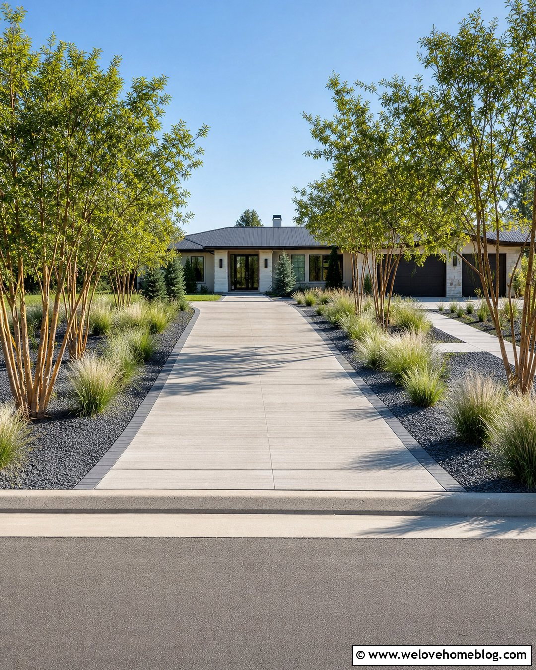 Long Concrete Driveway With Ornamental Grasses - 45 long driveway ideas
