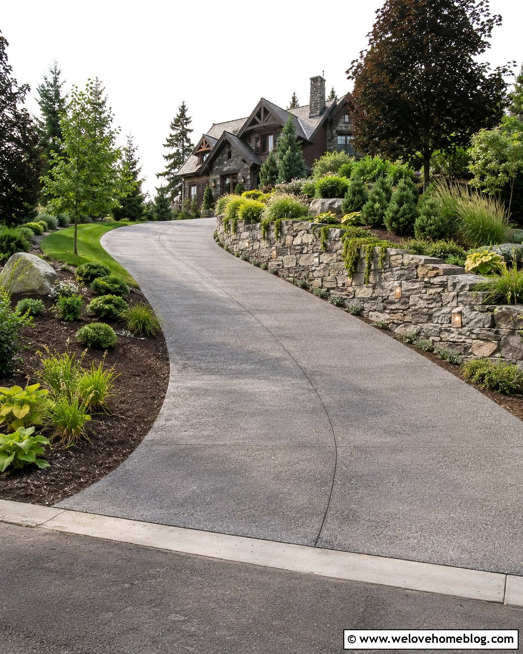 Long Concrete Driveway With Stone Retaining Wall - 20 Long Concrete Driveway Ideas