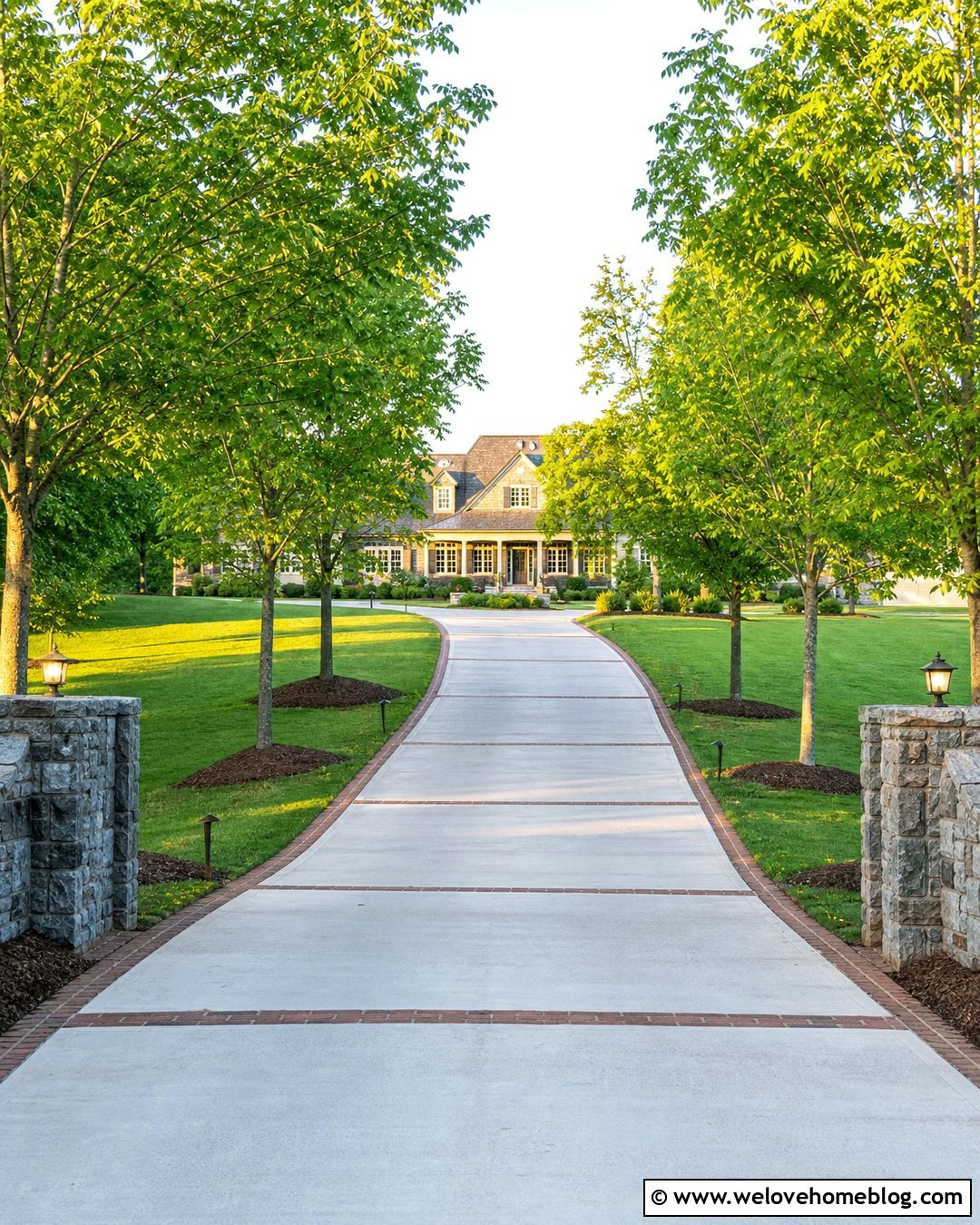 Long Concrete Driveway With Tree Lined Approach - 20 Large Concrete Driveway Ideas