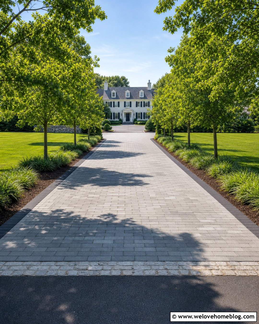 Long Concrete Paver Driveway With Tree Lined Borders - 20 Long Paved Driveway Ideas