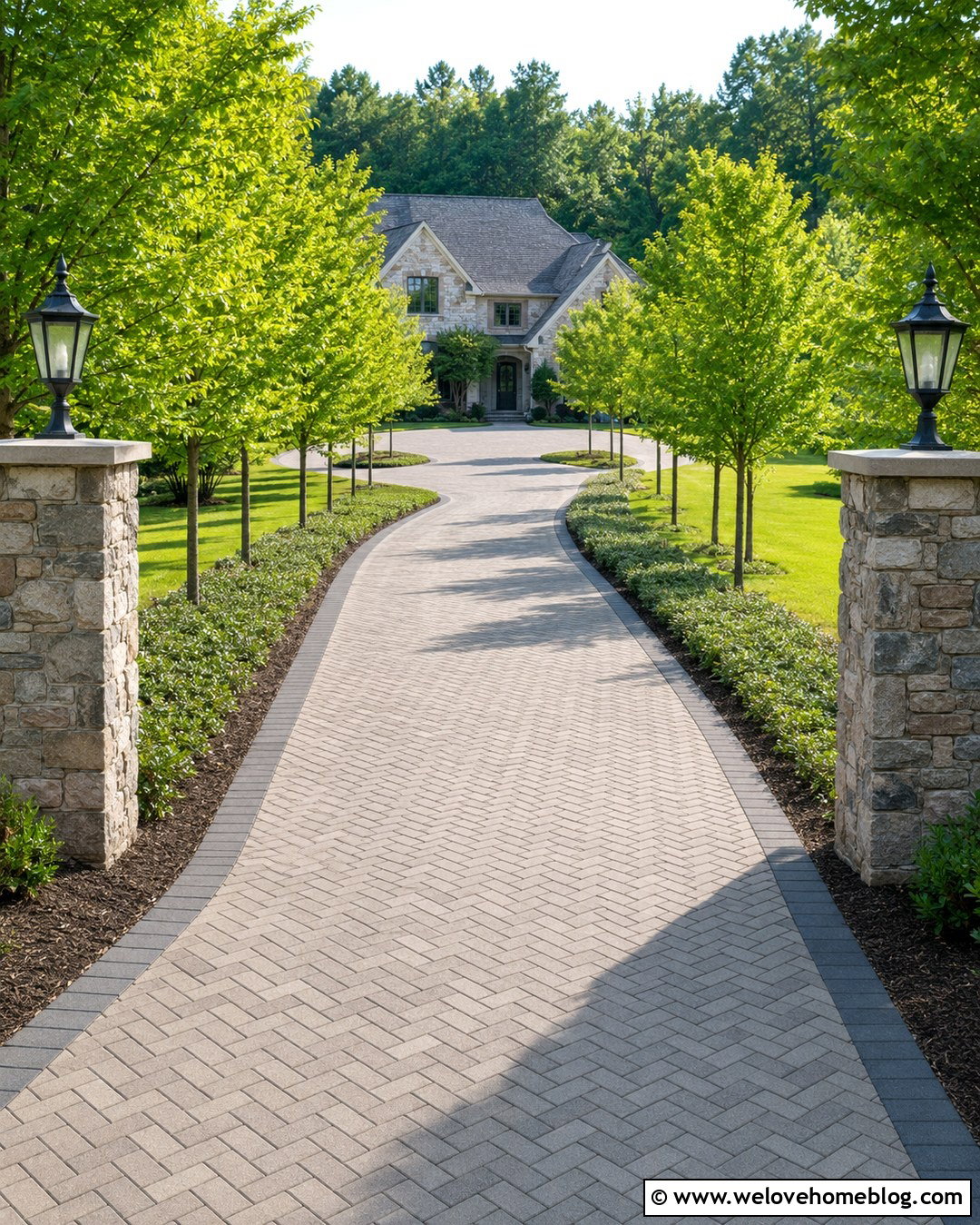 Long Concrete Paver Driveway With Tree Lined Entrance - 20 Concrete Paver Driveway Ideas