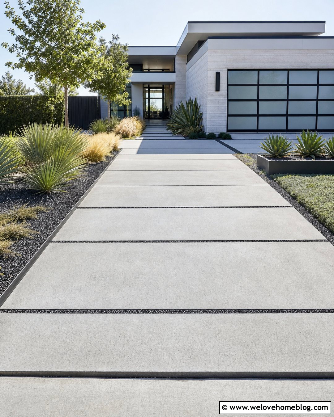 Long Concrete Slab Driveway With Black Gravel Joints - 45 long driveway ideas