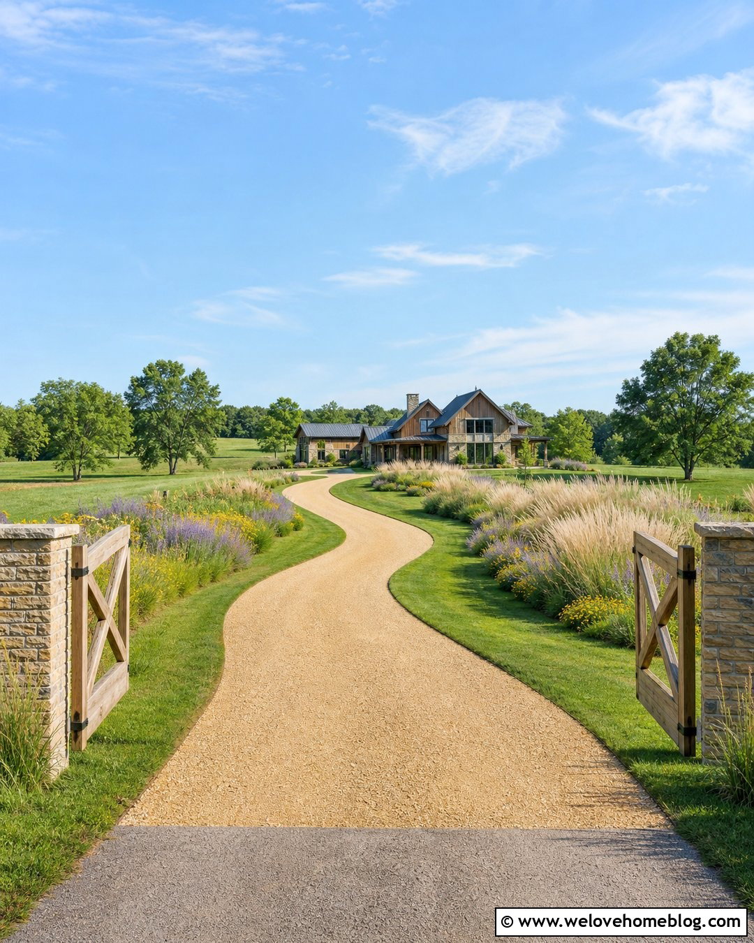 Long Curved Country Driveway Through A Meadow - 20 Long Country Driveway Ideas