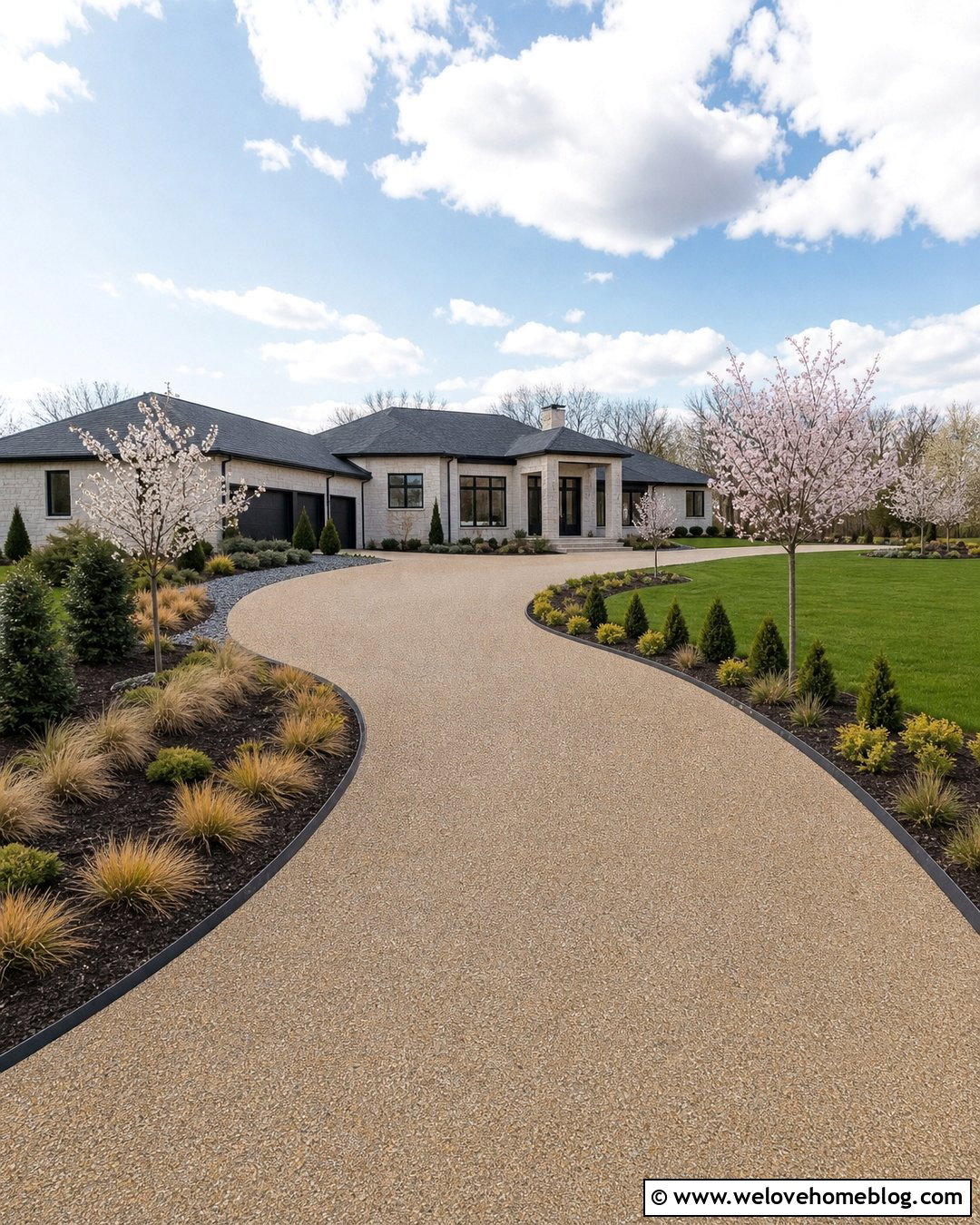Long Curved Driveway With Ornamental Grasses - 40 Long Driveway Landscaping Ideas