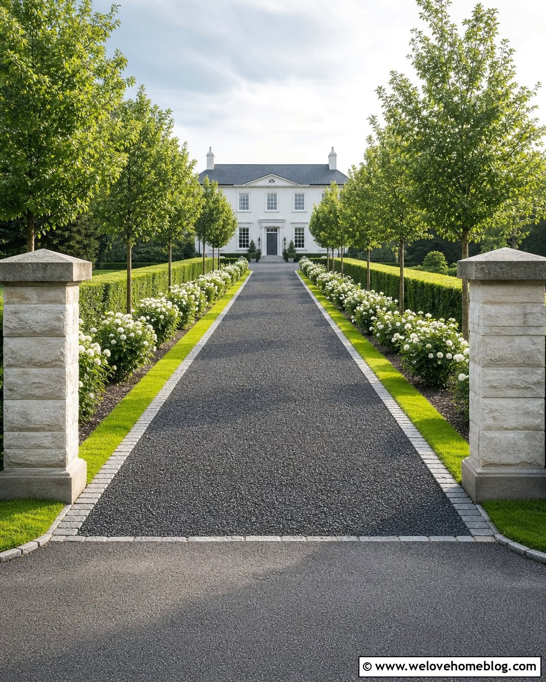 Long Dark Gravel Driveway With Boxwood Hedges - 25 long gravel driveway ideas