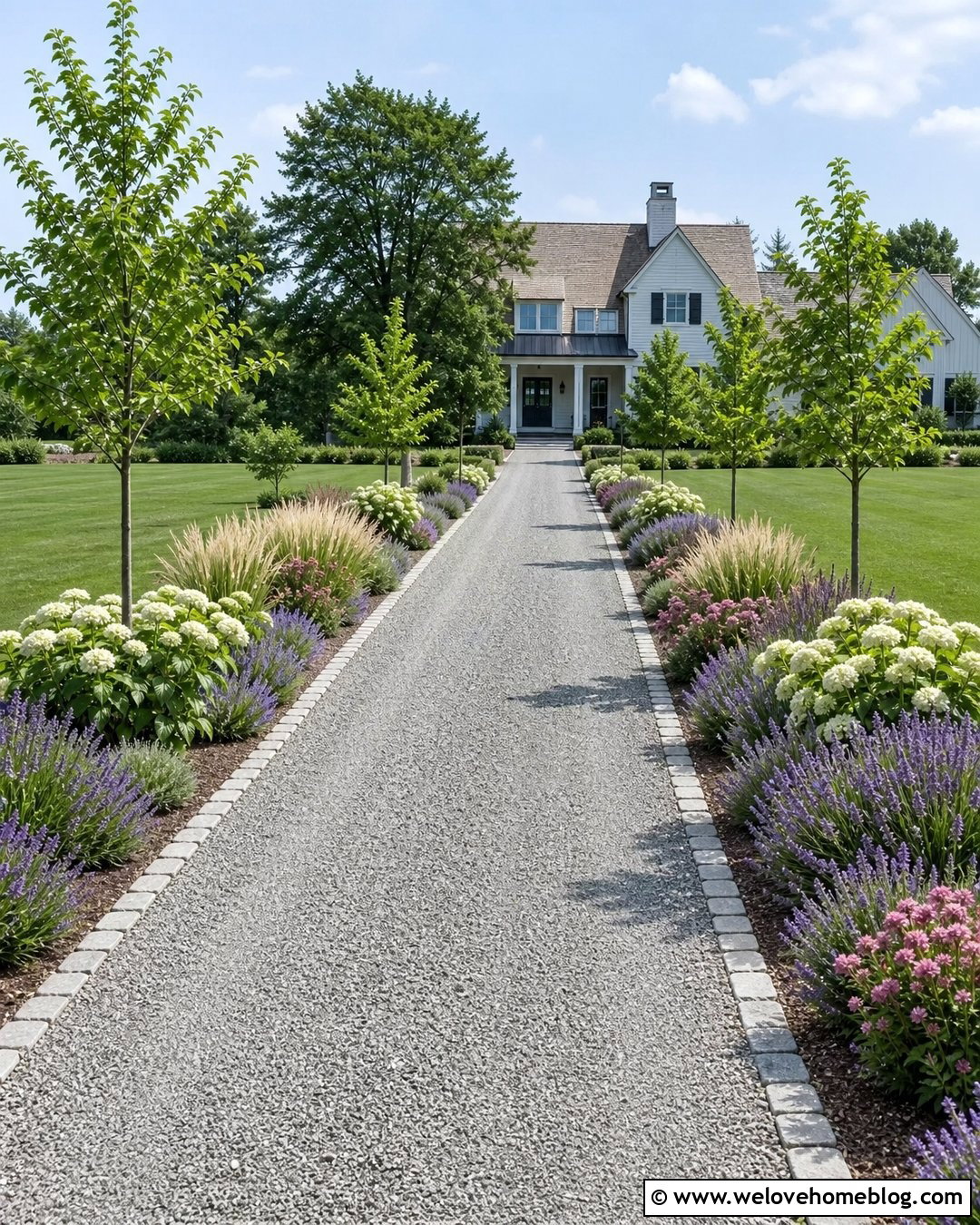 Long Driveway Flower Bed With Repeated Planting - 30 Driveway Flower Bed Ideas