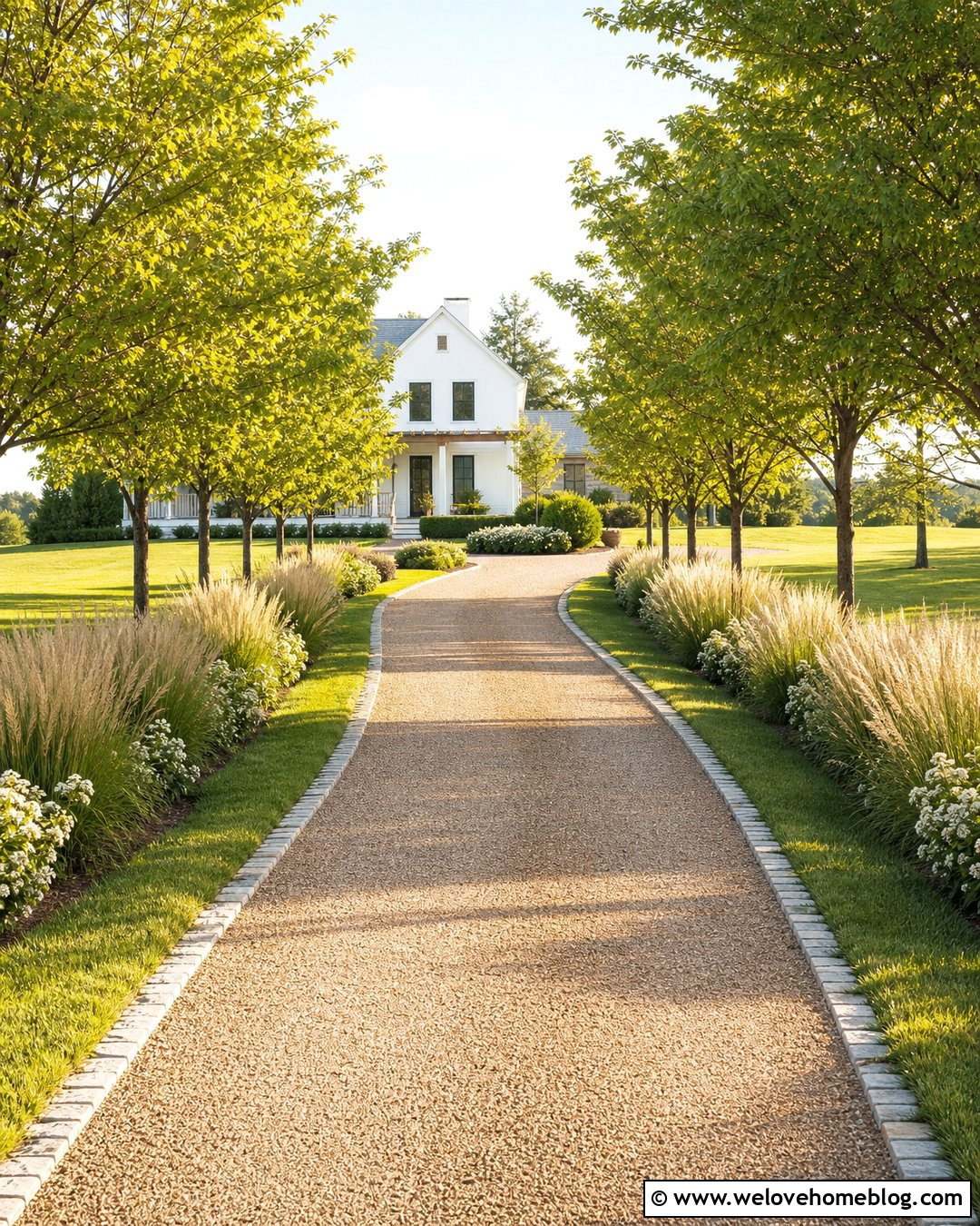 Long Driveway Garden With Tree Lined Borders - 30 Driveway Garden Ideas