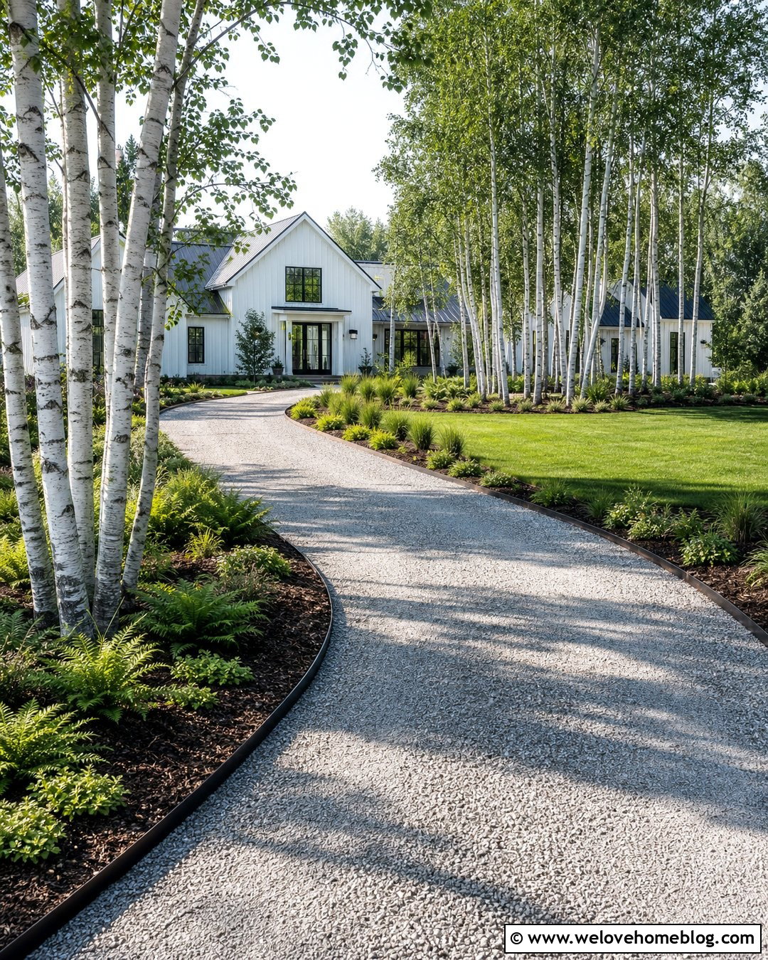 Long Driveway With Birch Tree Clusters - 40 Long Driveway Landscaping Ideas