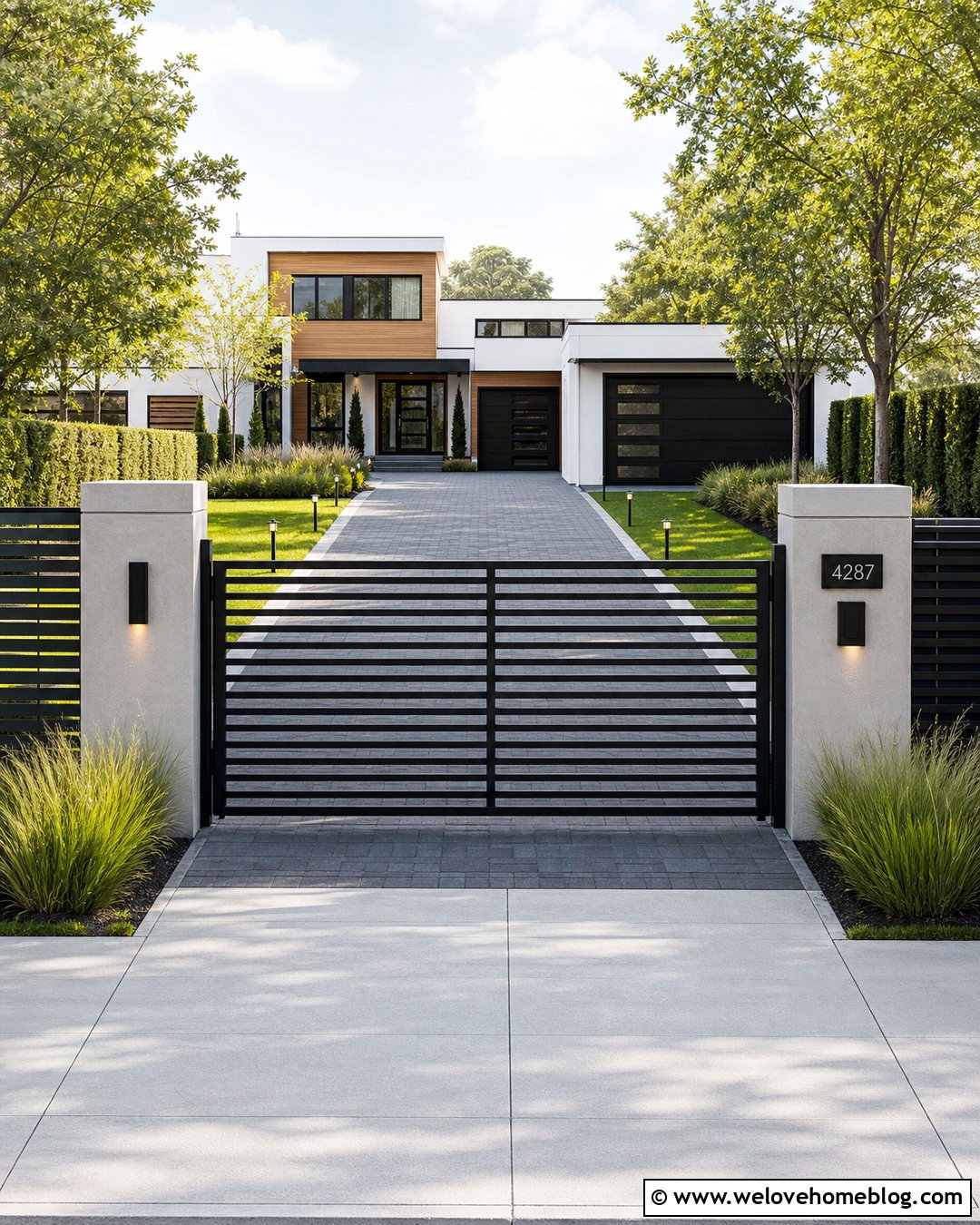 Long Driveway With Black Metal Gate - 20 Modern House With Long Driveway Ideas