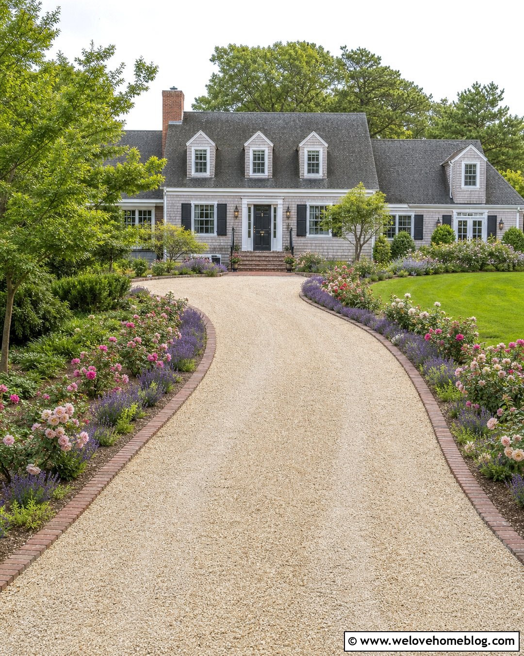 Long Driveway With Brick Edging And Roses - 40 Long Driveway Landscaping Ideas
