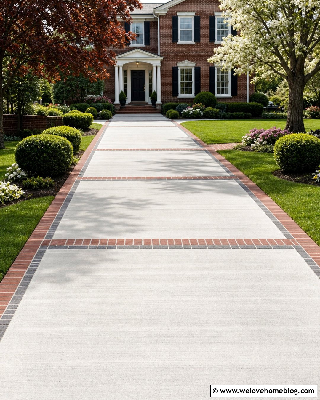 Long Driveway With Brick Ribbon Bands - 25 Long Driveway Aesthetic Ideas