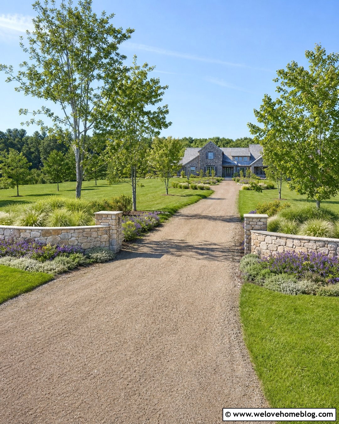 Long Driveway With Country Stone Walls - 40 Long Driveway Landscaping Ideas