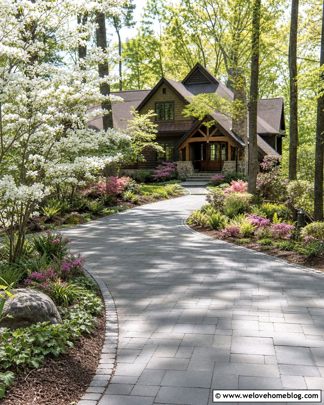 Long Driveway With Dogwood Tree Borders - 40 Long Driveway Landscaping Ideas