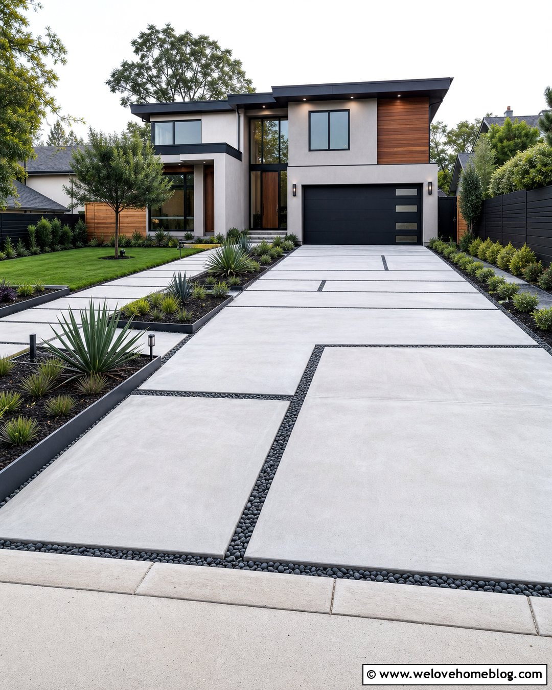Long Driveway With Floating Concrete Slabs - 20 Modern House With Long Driveway Ideas