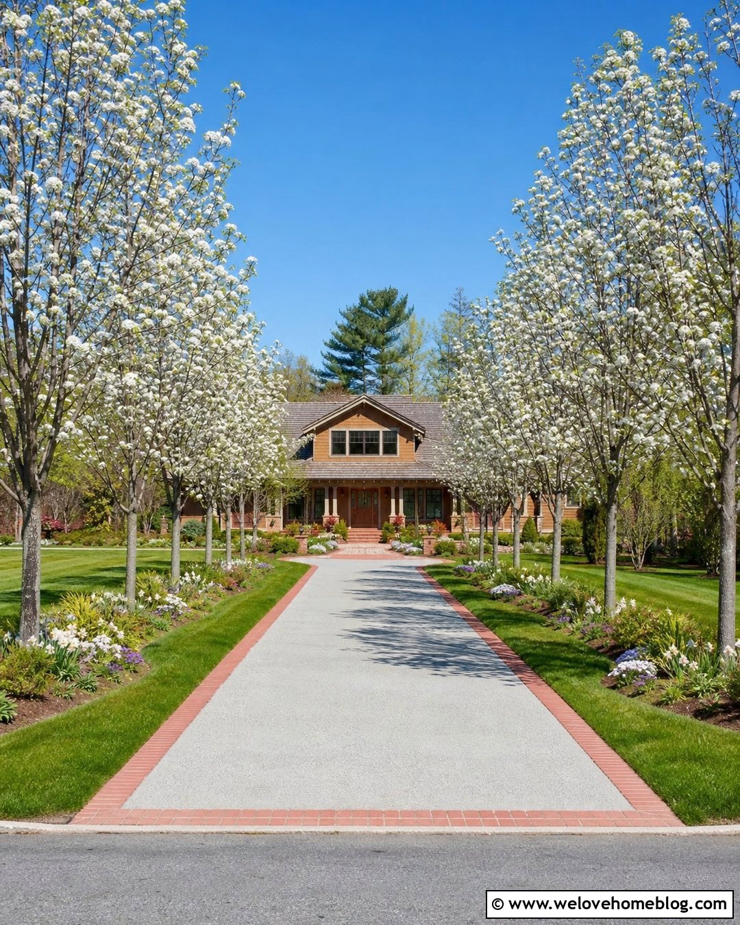 Long Driveway With Flowering Tree Borders - 25 Long Driveway Aesthetic Ideas