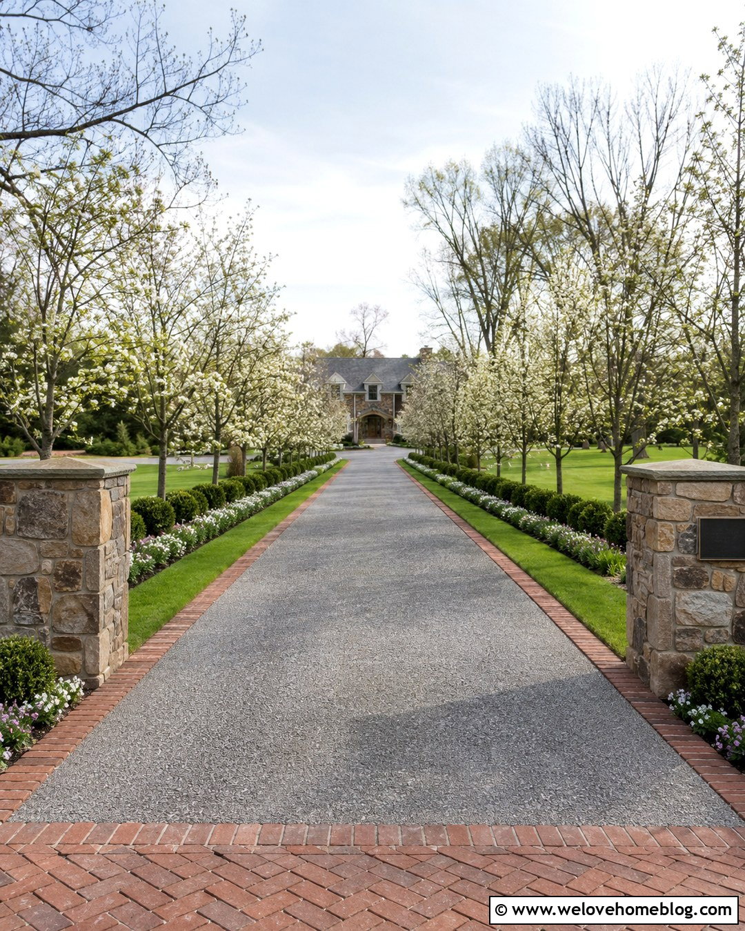 Long Driveway With Flowering Tree Borders - 20 Sunlit Driveway Landscaping Ideas