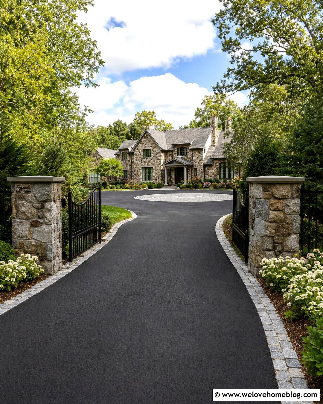 Long Driveway With Gates And Stone Pillars - 20 Creative Driveway Ideas