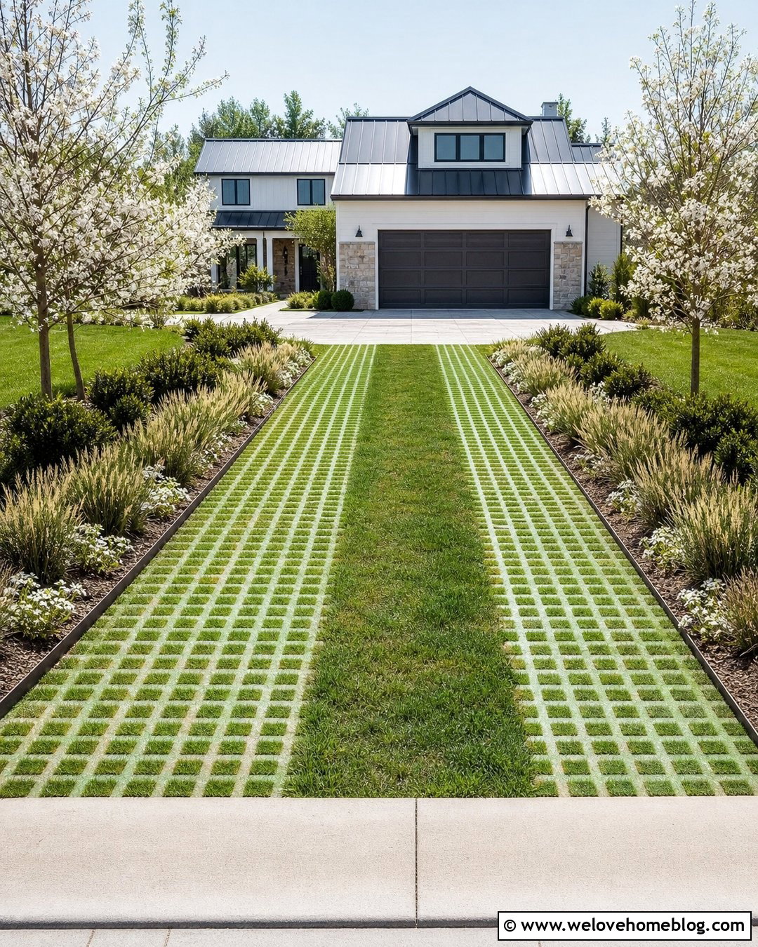 Long Driveway With Grass Paver Strips - 40 Long Driveway Landscaping Ideas