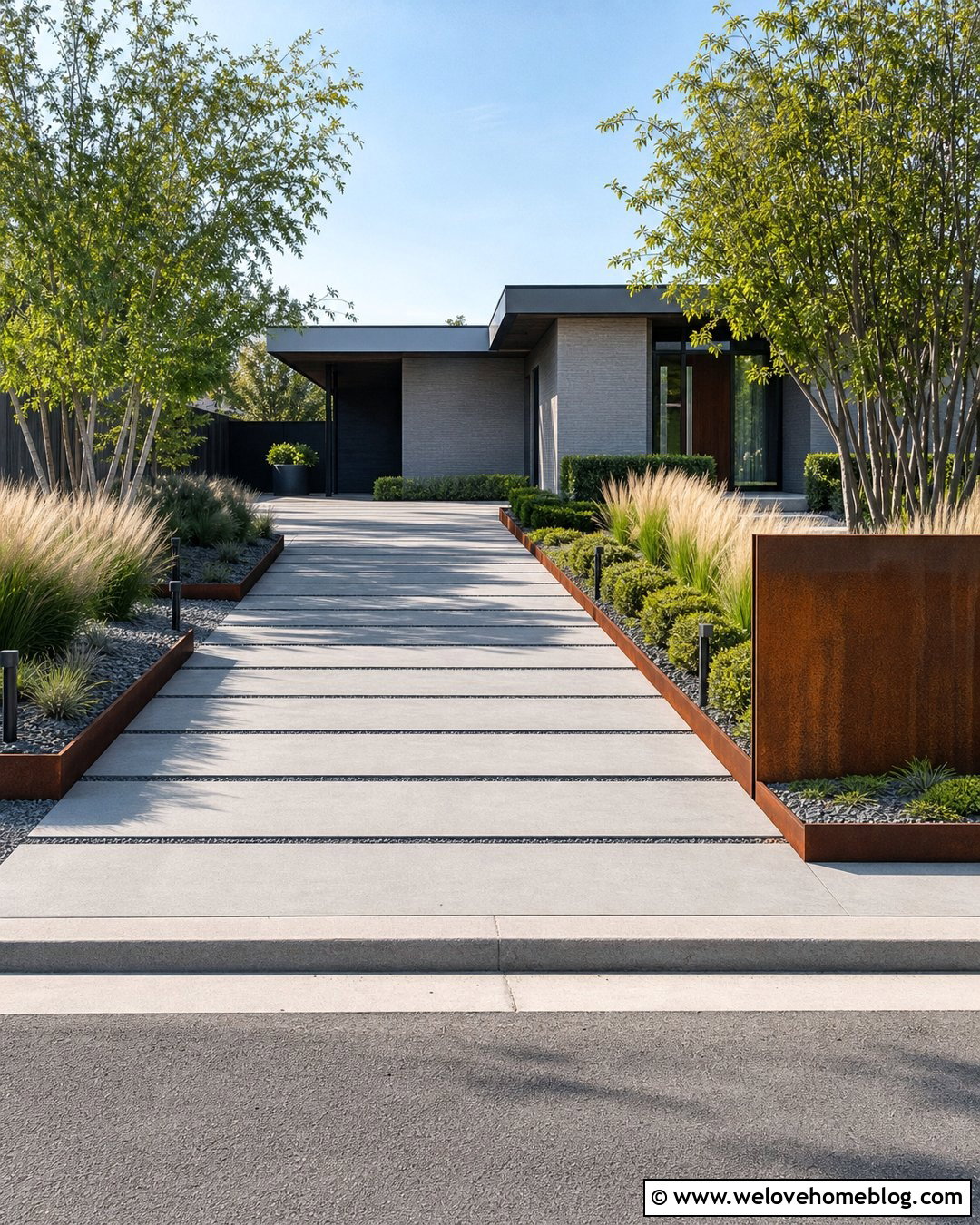Long Driveway With Modern Corten Steel Borders - 40 Long Driveway Landscaping Ideas