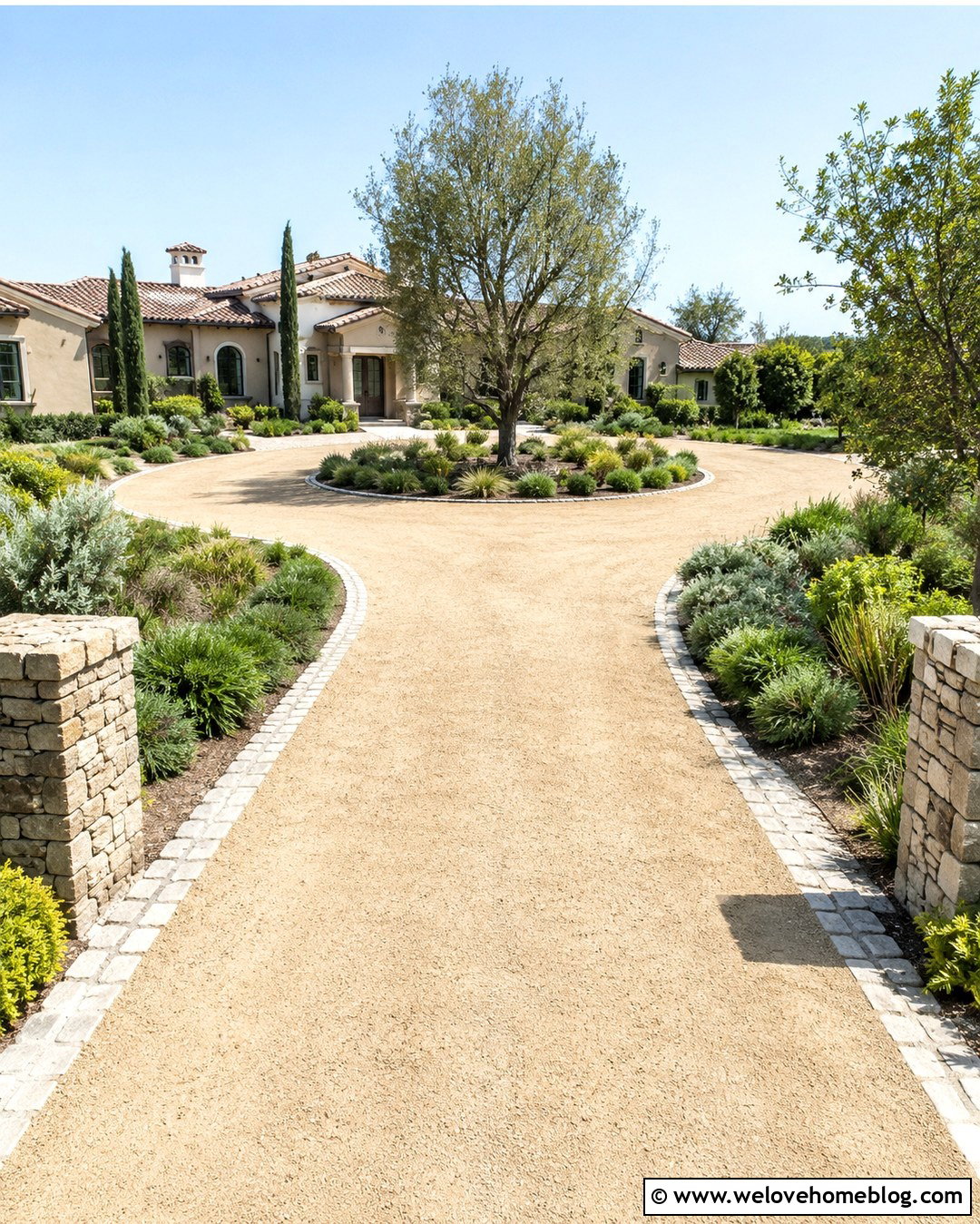 Long Driveway With Planted Turnaround Island - 20 long driveway entry landscaping ideas