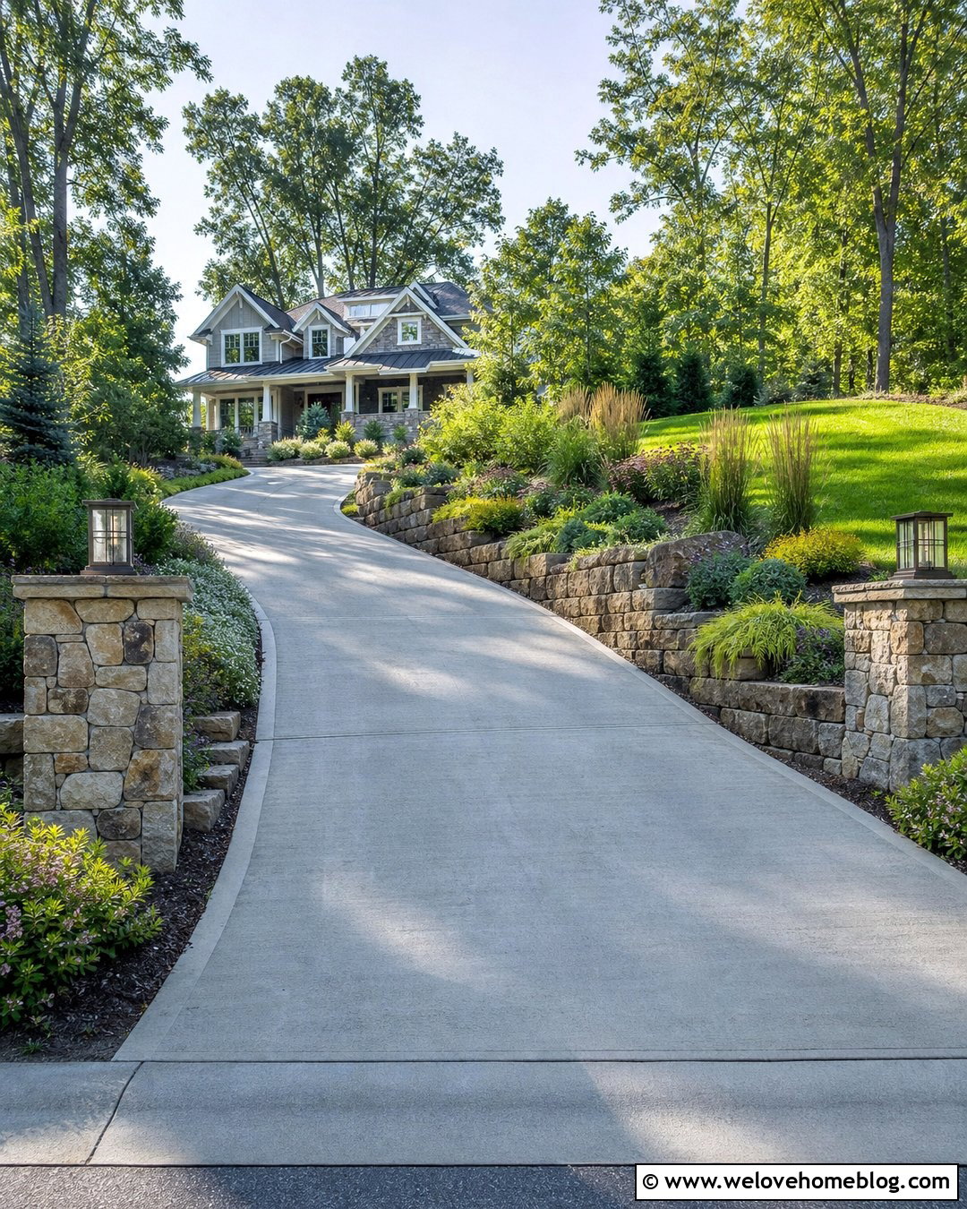 Long Driveway With Raised Stone Planting Beds - 40 Long Driveway Landscaping Ideas