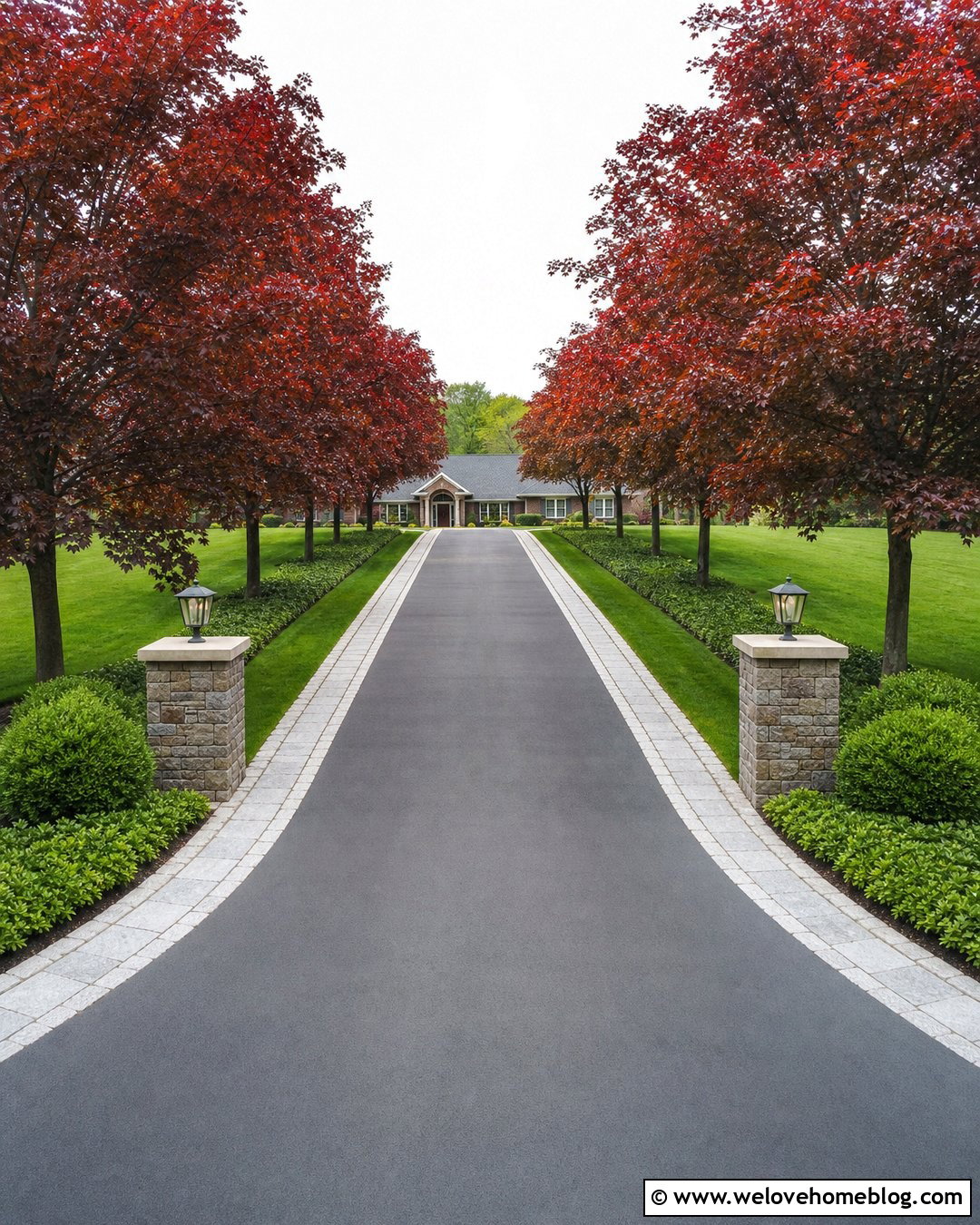 Long Driveway With Red Maple Borders - 40 Long Driveway Landscaping Ideas