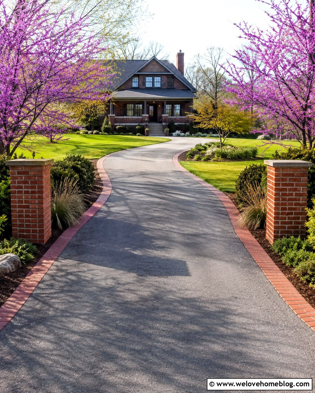 Long Driveway With Redbud Trees And Brick Borders - 20 House With Long Driveway And Trees Ideas