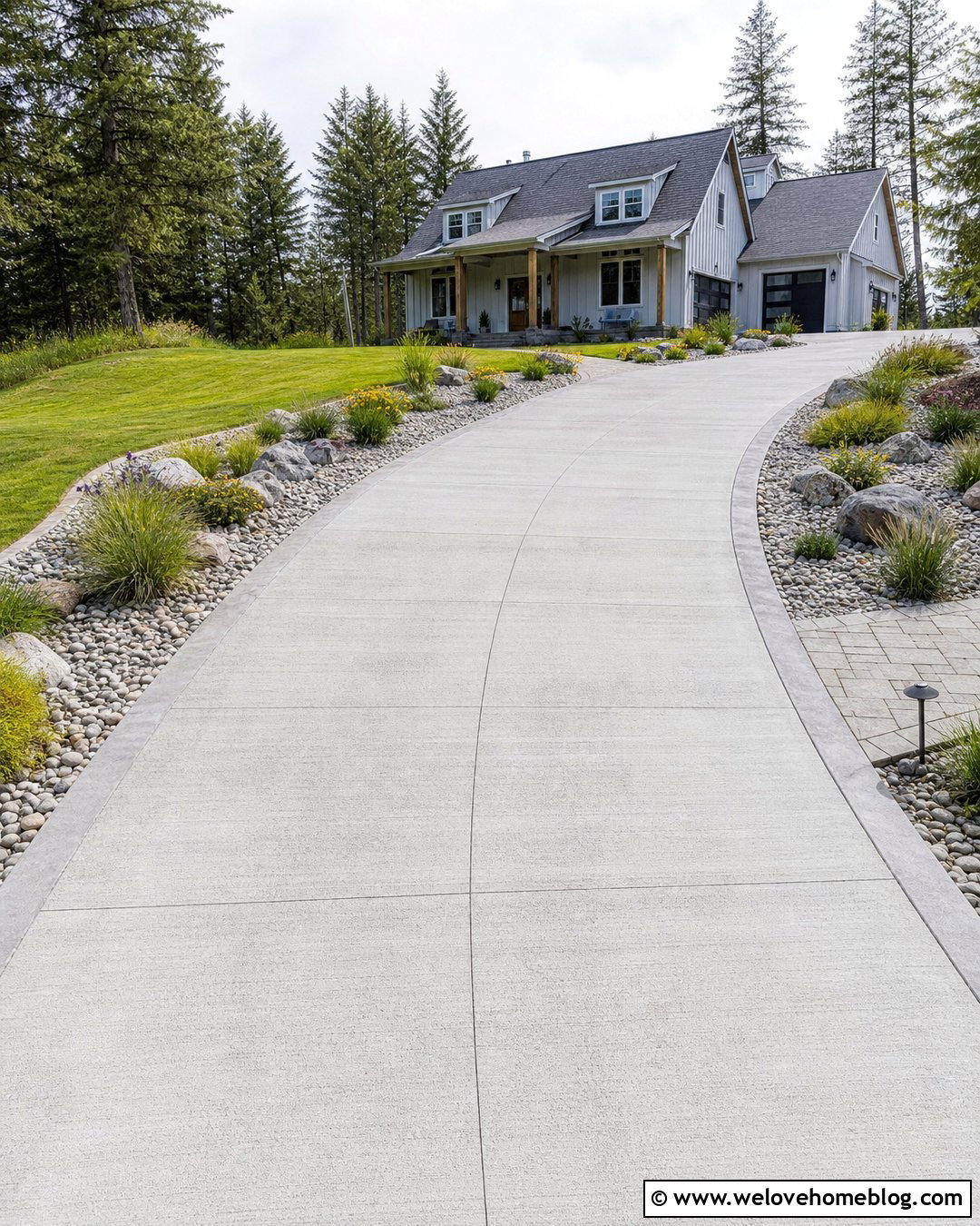 Long Driveway With River Rock Drainage Borders - 40 Long Driveway Landscaping Ideas