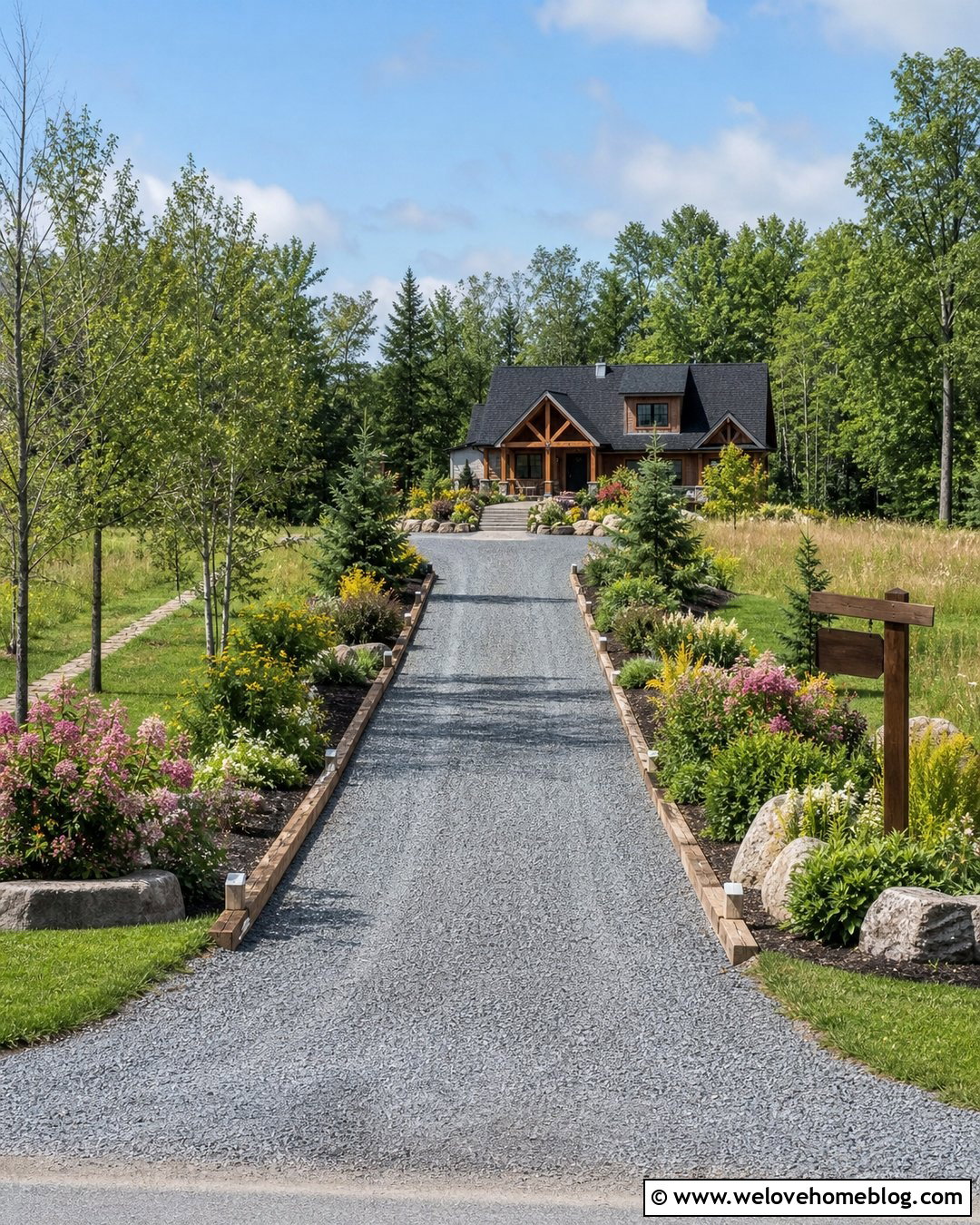 Long Driveway With Rustic Timber Edging - 40 Long Driveway Landscaping Ideas