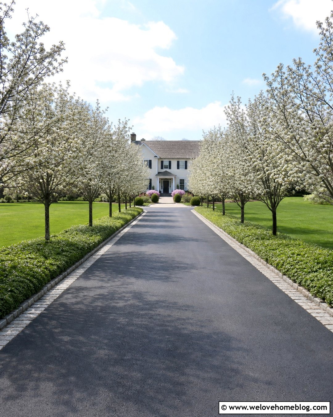 Long Driveway With Seasonal Flowering Trees - 40 Long Driveway Landscaping Ideas