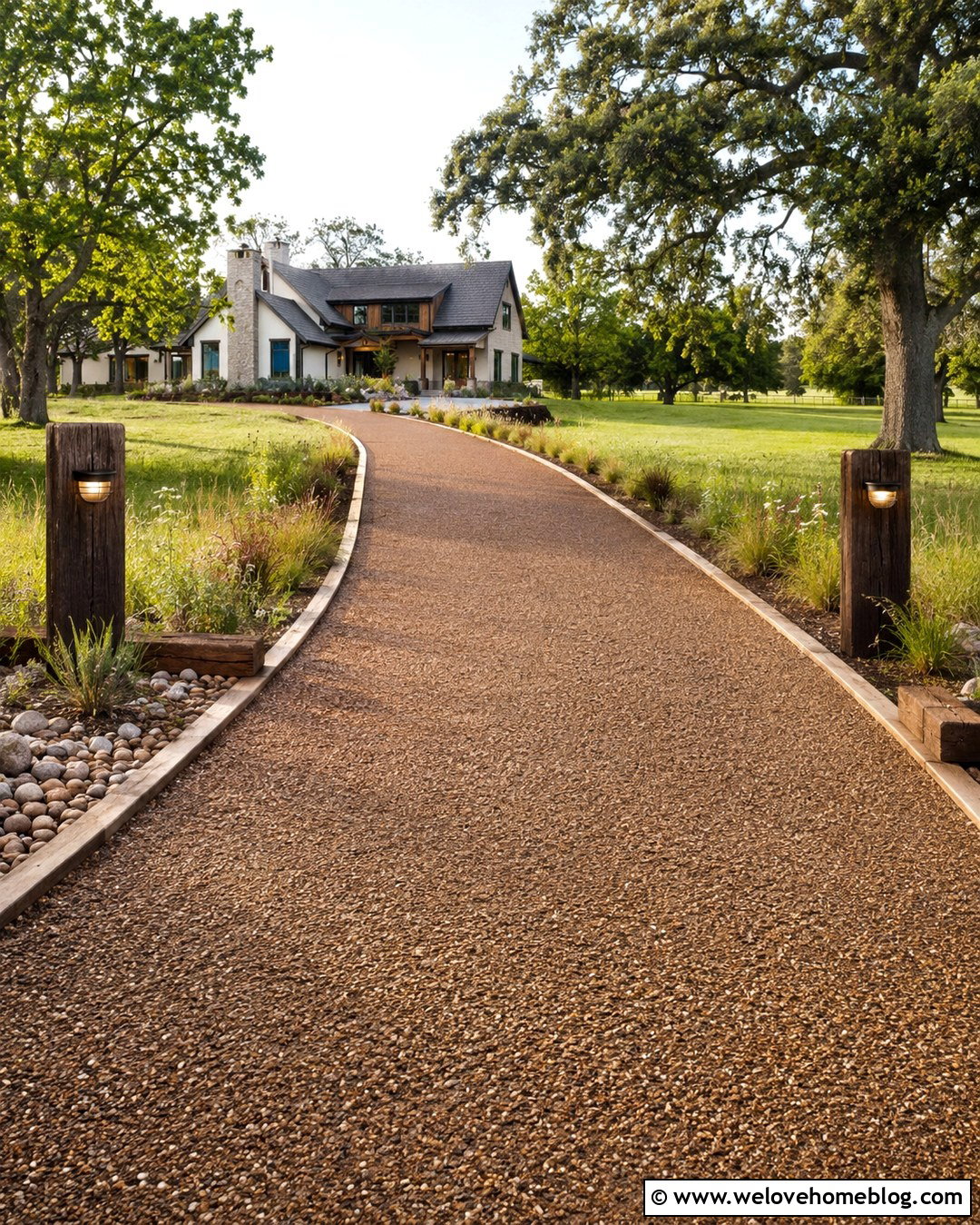 Long Driveway With Sleeper Posts And Lighting