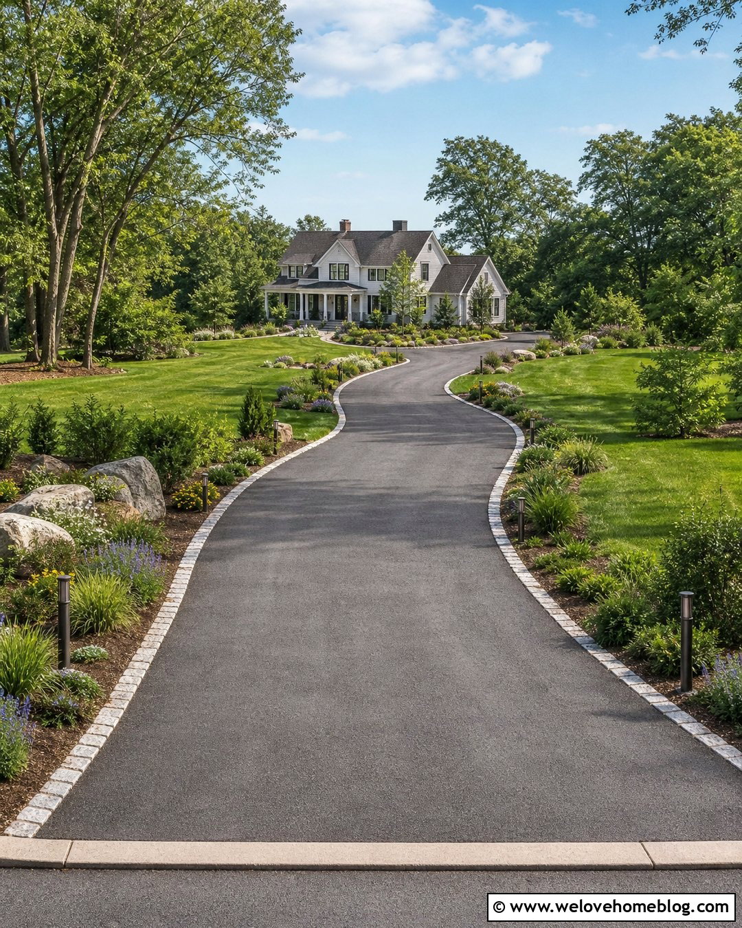 Long Driveway With Staggered Bollard Lights - 25 Driveway With Lights Ideas