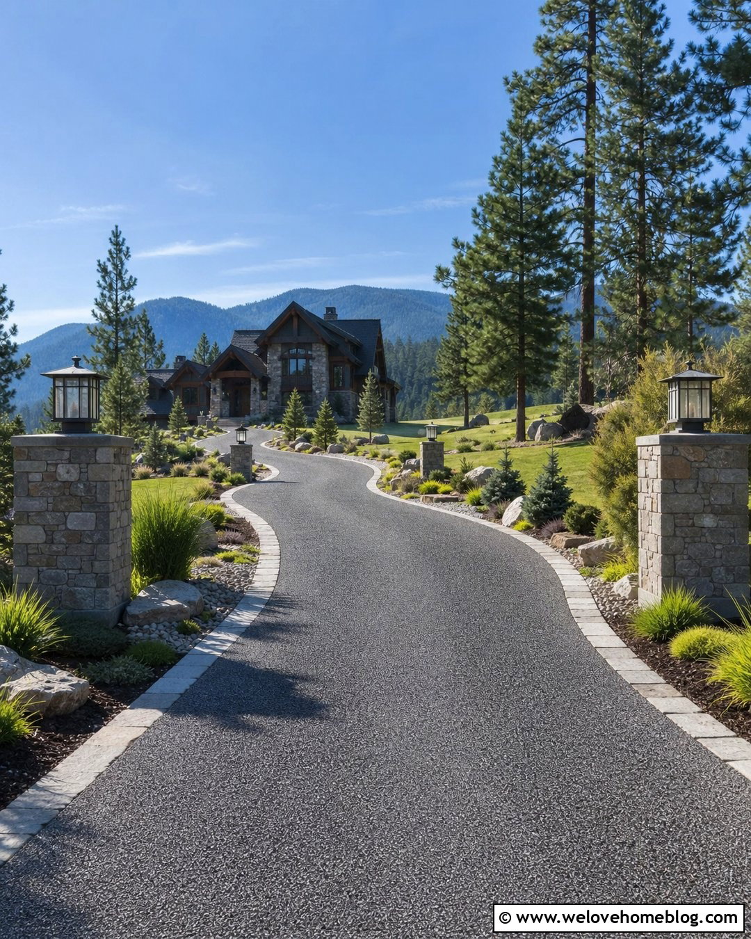 Long Driveway With Stone Lighting Columns - 40 Long Driveway Landscaping Ideas