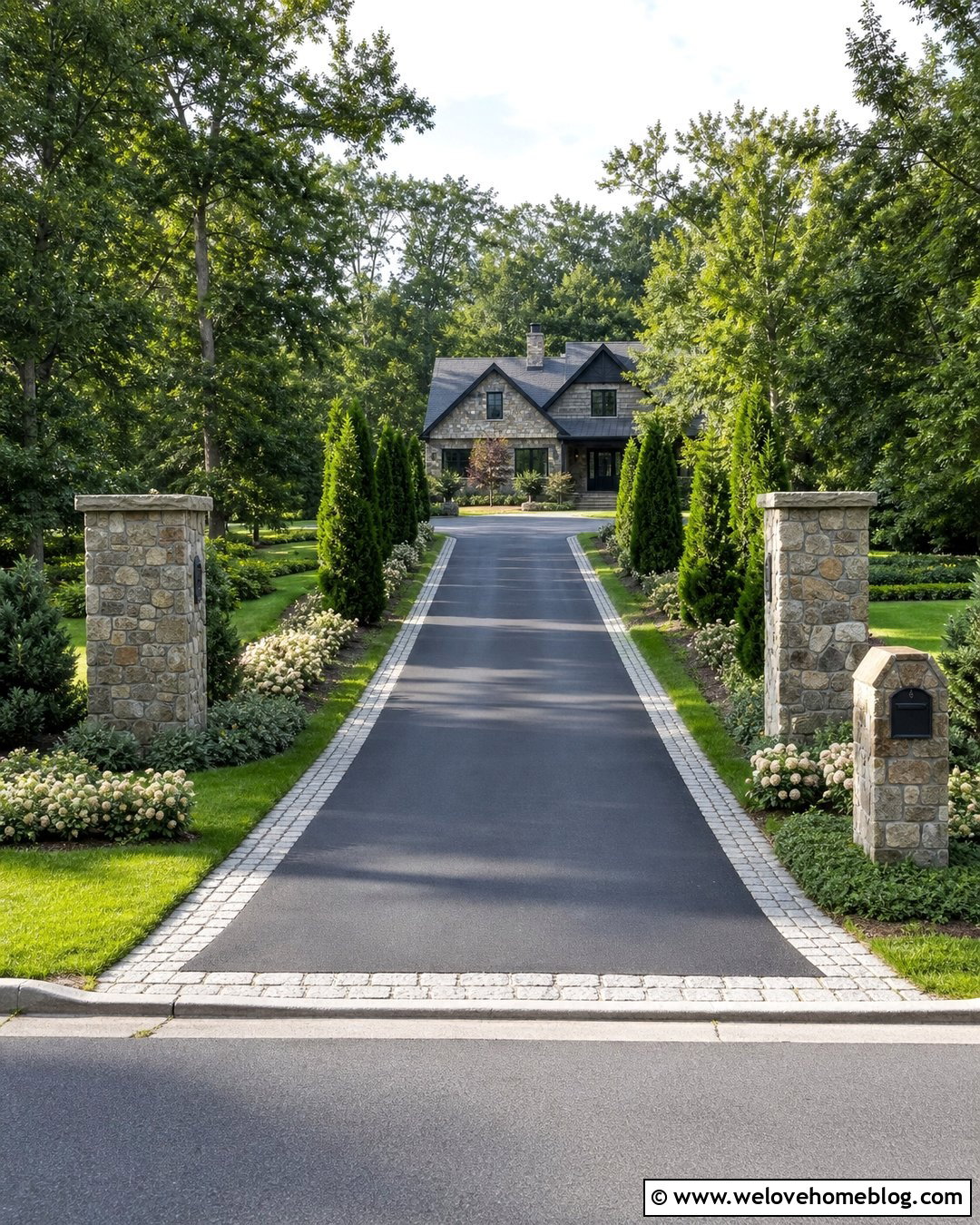 Long Driveway With Stone Pillars And Evergreens - 40 Long Driveway Landscaping Ideas