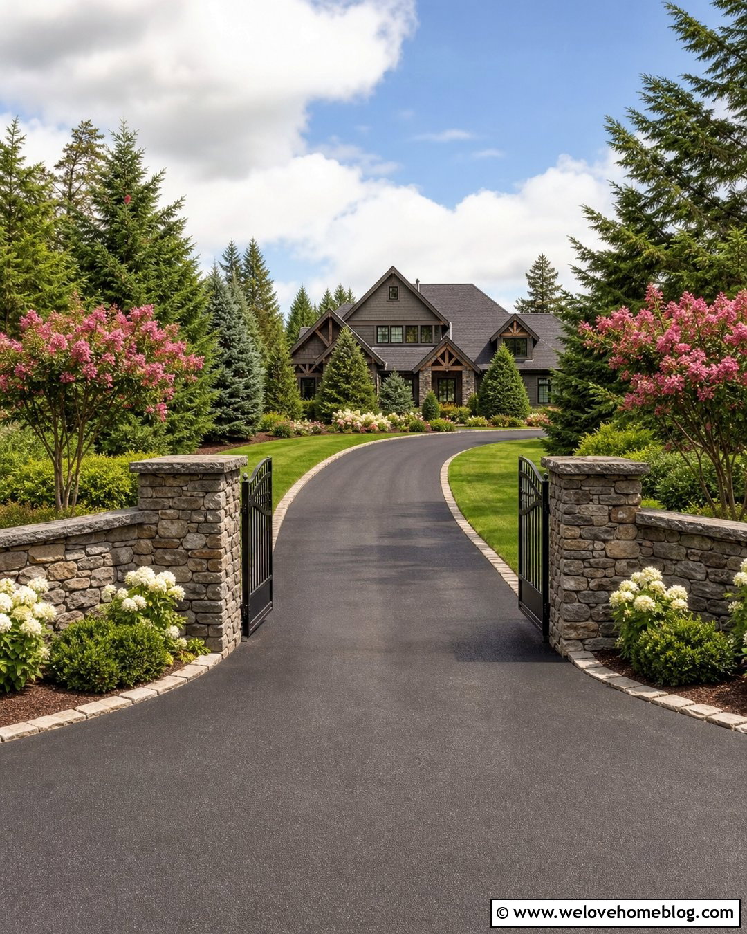Long Driveway With Stone Walls and Gate Pillars - 20 long driveways landscaping ideas
