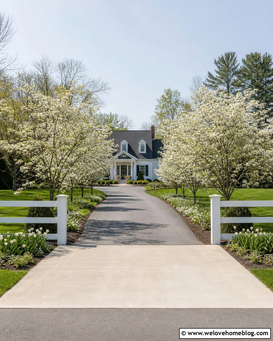 Long Driveway With White Fence And Flowering Trees - 20 landscape long driveway ideas