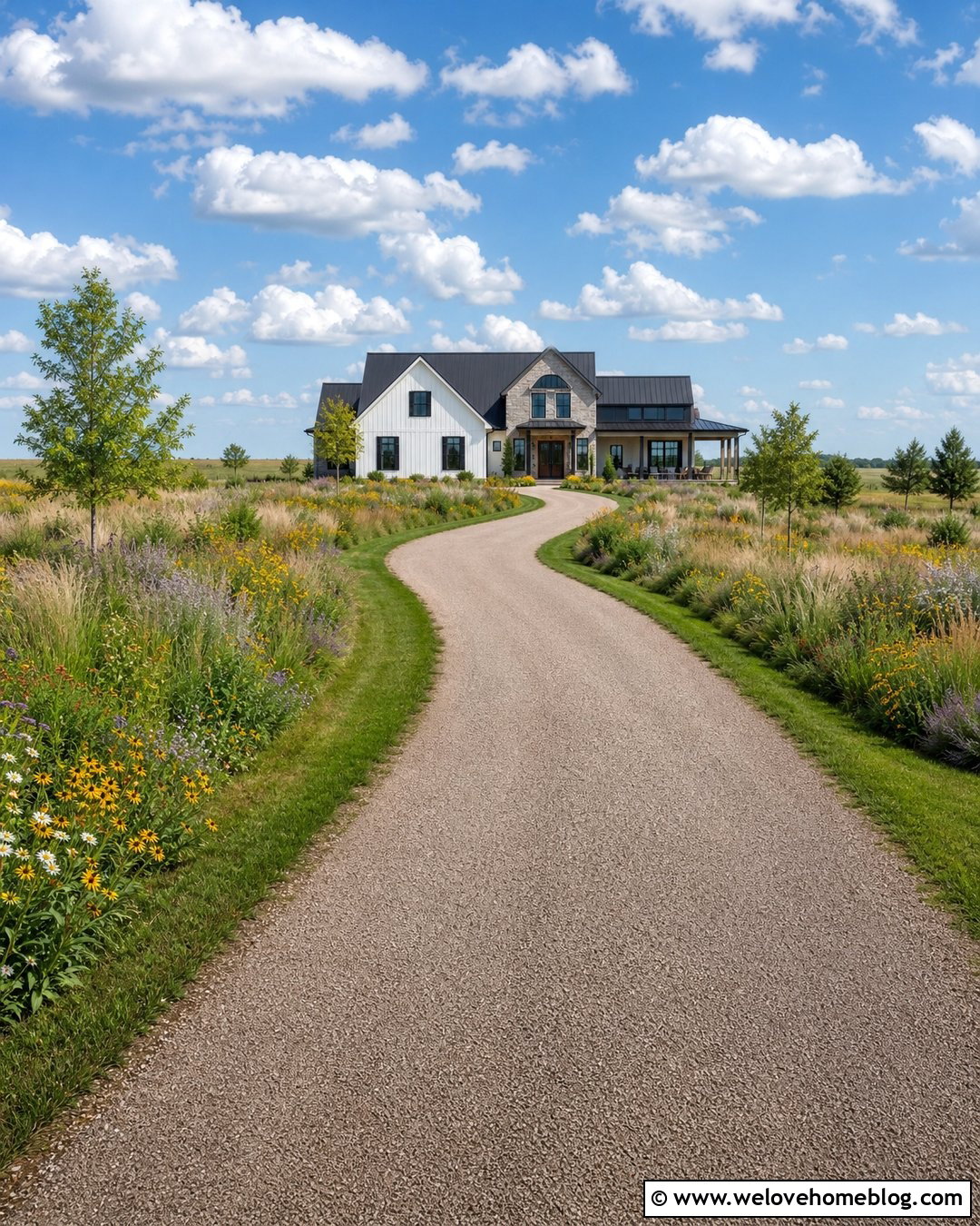 Long Driveway With Wildflower Borders - 25 Long Driveway Aesthetic Ideas