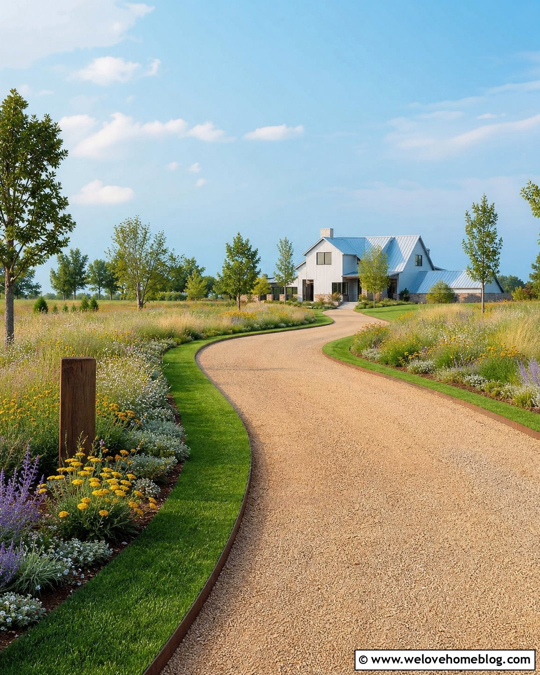Long Driveway With Wildflower Meadow Borders - 40 Long Driveway Landscaping Ideas