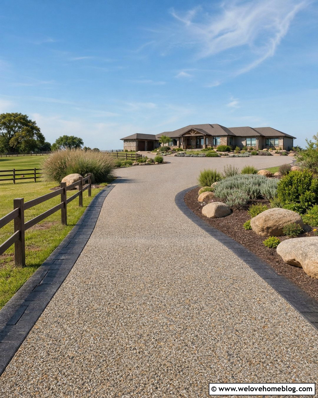 Long Exposed Aggregate Driveway With Ranch Landscaping - 20 Long Country Driveway Ideas